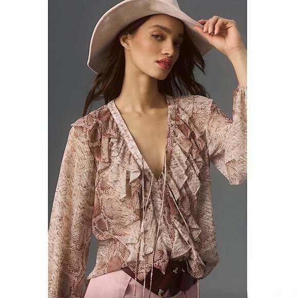 ANTHROPOLOGIE Long Sleeve Ruffled Snakeskin Print Blouse Brown - Picture 4 of 14